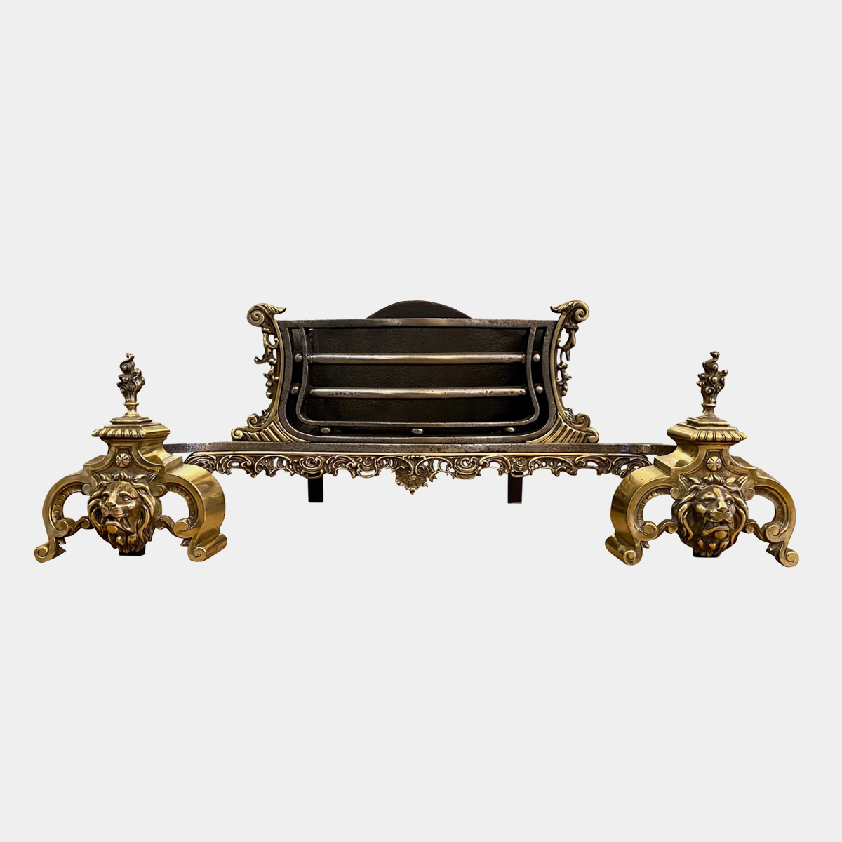 Large Rococo Style Brass and Steel Fire Grate