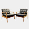 Black Leather and Cherry Wood Armchairs