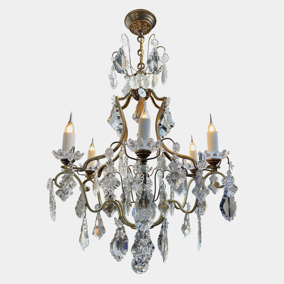 An Antique French Brass and Crystal Cage Chandelier