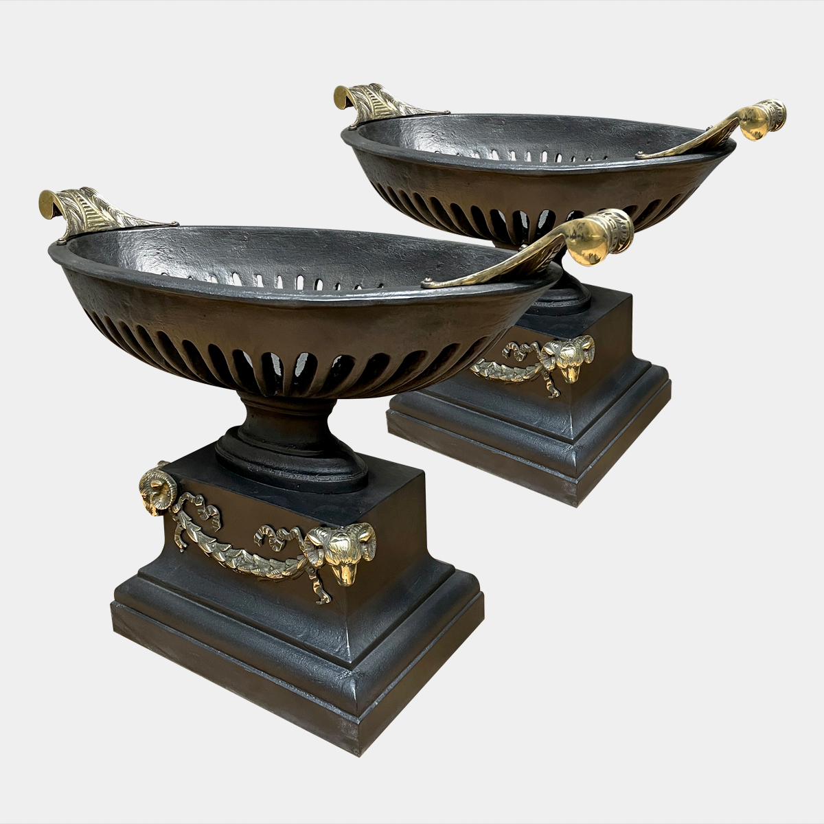 Pair of Cast Iron and Brass Regency Style Urn Fire Basket Grates