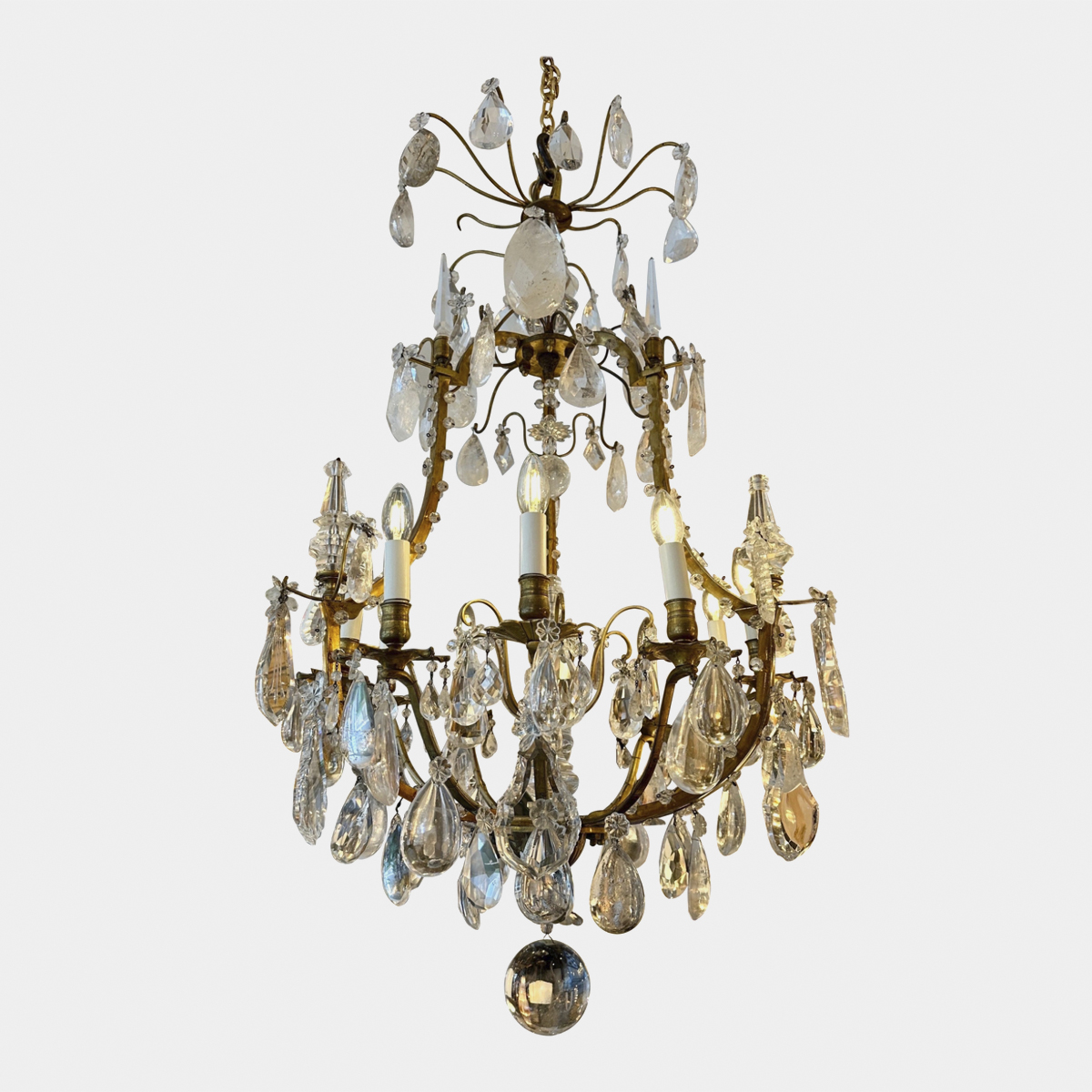 A Large Antique French Rock Crystal and Gilt Bronze Chandelier