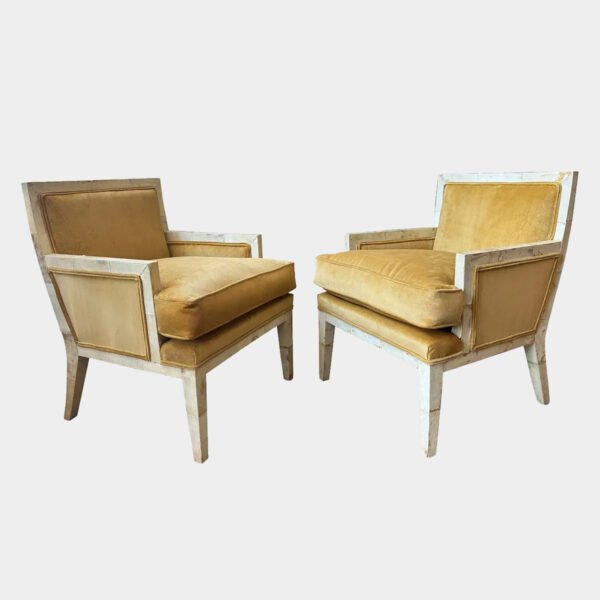 A Pair Of Mid Century French Parchment And Velvet Cord Lounge Armchairs