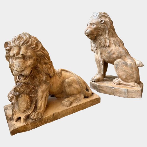 A Set Of Antique 19th C Terracotta Lion Sculptures