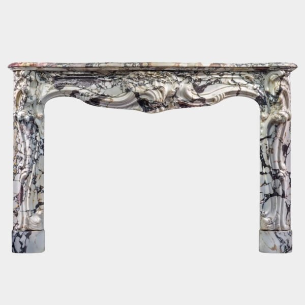 Large Antique French Rococo Breche Violette Marble Fireplace
