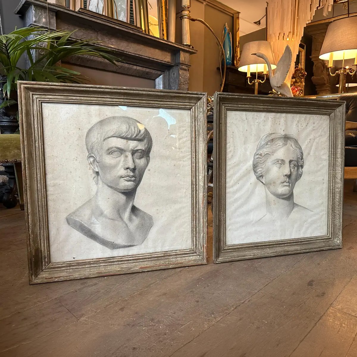 A Pair Of Framed Neoclassical Style Pencil Drawings In Distressed Frames - Image 9