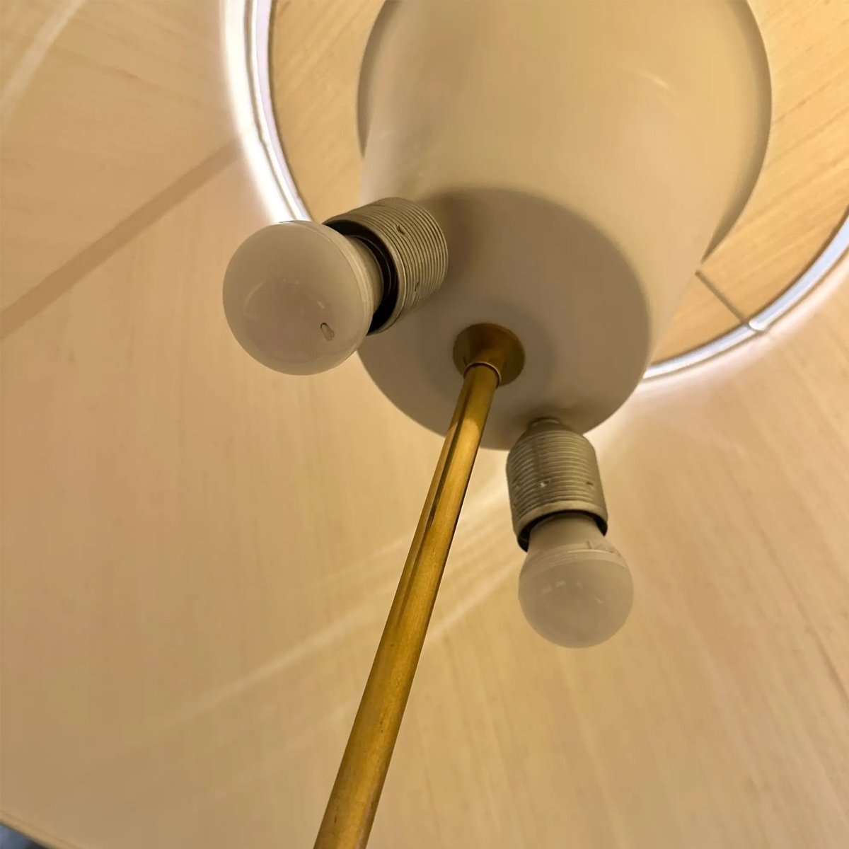 1970s Brass and Lucite Floor Lamp with Textured Base and Linen Shade - Image 2